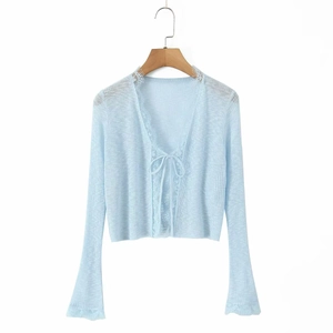 Light blue thin knit cardigan with delicate lace trim and front tie closure for women