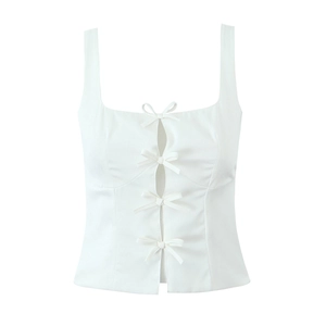 Women Bow Decor Square Neck Camisole Slim Fit Sleeveless Crop Top Sweet Sexy Backless Polyester Ribbed Vest Summer Party Clothing