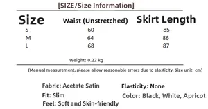 Size chart for embroidered acetate satin skirt including waist and length measurements