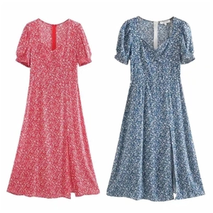Elegantes Blumenmuster Maxikleid mit quadratischem Ausschnitt und Beinschlitz in Rot und Blau