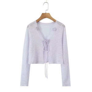 Women's chic lavender cropped knit cardigan with 3D floral accents and tie-front closure
