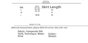Detailed size chart with S, M, L measurements for this green sleeveless summer dress