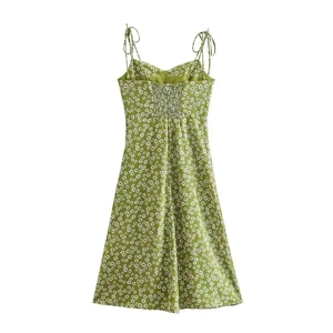 Detail of smocked elastic back on green floral spaghetti strap summer dress