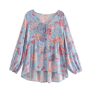 Women's blue floral long sleeve shirt with V-neck and bohemian flower pattern