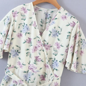 Elegant floral V-neck wrap dress with ruffle sleeves in off-white chiffon for women