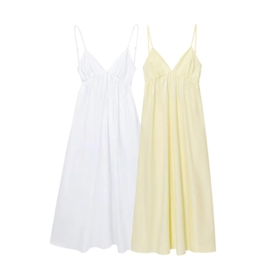 Women Cotton Spaghetti Strap V Neck Cutout A-Line Midi Dress Summer Casual Vacation White Yellow Sundress