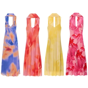 Robe Maxi Femme Sexy Imprimé Floral Abstrait Dos Nu Avec Écharpe Assortie Satin Sans Manches Dos Nu Été Vacances Robe Longue