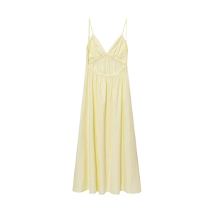 Elegant pale yellow trench-style midi dress with V-neck, spaghetti straps and waist cutouts