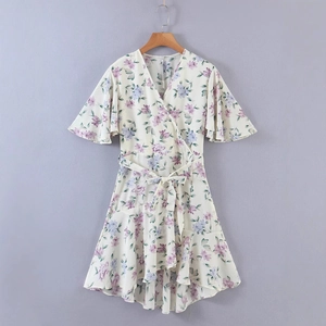 White floral V-neck dress with ruffle sleeves and asymmetrical high-low hemline