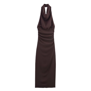 Detail view of the brown cowl neck design and pleated ruched texture on this maxi dress