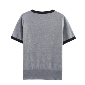 Women's crew neck short sleeve knit sweater in grey with black contrast ribbed trim back view