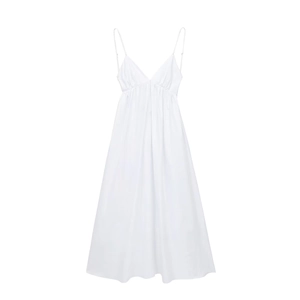 Elegant white spaghetti strap V-neck midi dress with pleated waist and flared hem