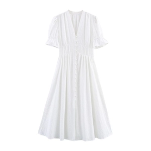 French V-Neck Eyelet Embroidery Cotton Midi Dress Elegant White Puff Sleeve Ruffle Vacation Beach Long Dress For Women