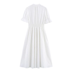 White eyelet embroidered V-neck dress with high waist and ruffle sleeves back view