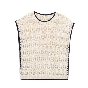 Gilet da Donna Casual in Maglia Traforata con Bordo a Contrasto Girocollo Senza Maniche All'uncinetto Top in Crema Moda Estiva