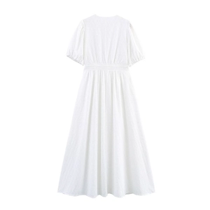 Elegant white short sleeve maxi dress with V-neck and geometric jacquard hollow waist detail