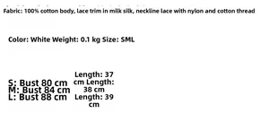 Size chart and fabric details for white sleeveless top with cotton and lace specs