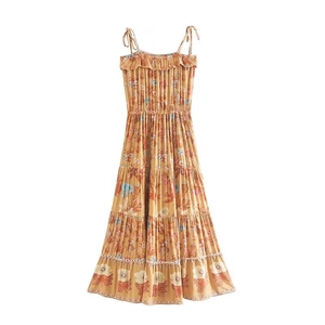 Bohemian Ginger Yellow Floral Print Tiered Maxi Dress For Women Ruffle Tie Strap Rayon Vacation Summer Beach Camisole Dress
