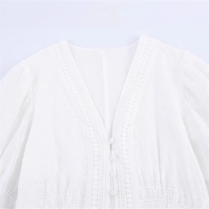 Elegant white V-neck cotton lace blouse with embroidery and lantern sleeves