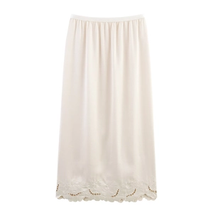 Women's Elegant Satin Embroidered Midi Skirt High Waist Hollow Out Floral Scalloped Hem Slit Spring Skirt