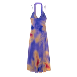 Robe longue pour femme avec col en V et motifs abstraits violets et jaunes imprimés