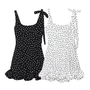 Robe Mini à Pois Rétro Femme Élégante Col en U Bretelles à Nœuds Ourlet à Volants Sans Manches Fête Été