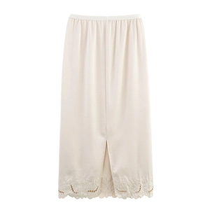 Elegant cream satin midi skirt with elastic waist and hollow floral embroidery hemline