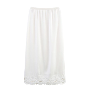 White midi skirt with intricate eyelet floral embroidery and elastic waist for women