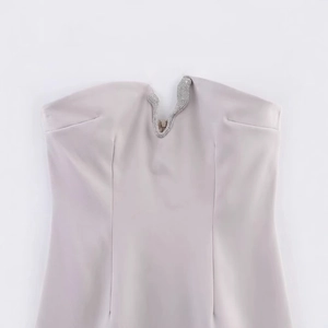 Elegant strapless rhinestone mini dress with V-neck crystal trim in light lavender color