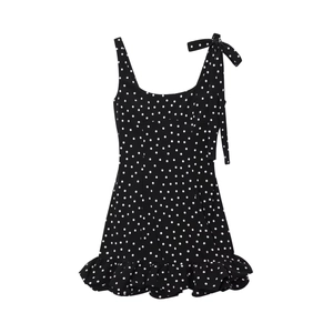 Robe à pois sans manches avec bride à nœud et ourlet à volants en noir et blanc