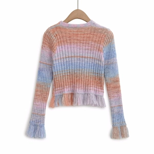 Colorful striped knit sweater with vibrant fringe hem and cuffs on a wooden hanger