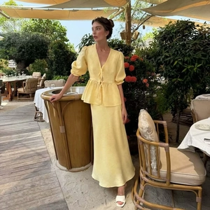 French Style Puff Sleeve V-Neck Tie Front Peplum Top And Elegant High Waist Fishtail A-Line Long Skirt Women Summer Vacation Outfit