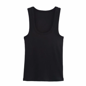 Slim fit black ribbed knit sleeveless tank top with classic U-neck for women