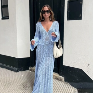 Women's Light Blue Bohemian V-Neck Long Sleeve Crochet Knit Maxi Dress Hollow Out Geometric Floral Beach Vacation Style