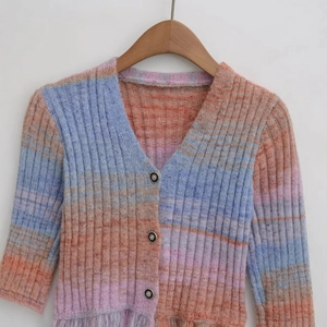 Women's V-neck gradient knit cardigan in candy tones with a ribbed mohair texture