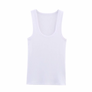 Classic white ribbed sleeveless top for women featuring a U-neckline and slim fit style