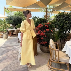 French style pale yellow puff sleeve top and mermaid skirt set for women summer outfit
