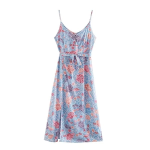 Robe Midi à Bretelles Imprimé Floral pour Femmes Rayonne Col en V Taille Nouée Fente Décontracté Été Robe de Vacances