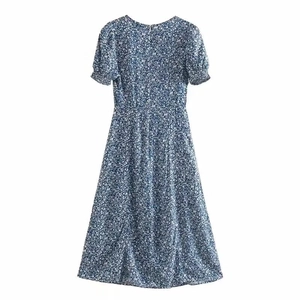 Blumiges kurzärmeliges Puffärmel-Kleid mit Karree-Ausschnitt und blauem Print für Damen