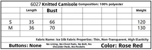 Size chart table for rose red knitted cami tank top with length and bust measurements