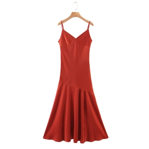 Abito Midi Sottoveste in Raso da Donna Scollo a V Orlo a Coda di Pesce Asimmetrico Tinta Unita Senza Maniche Rosso Elegante