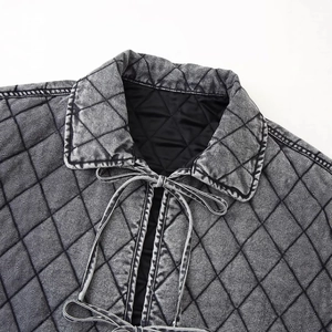 Deep grey stone washed denim quilted jacket with diamond patterns and drawstring closure