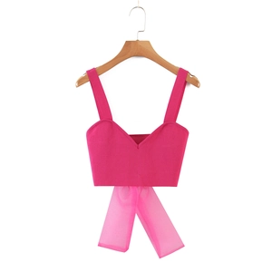 Sexy Rose Red Knitted Cami Tank Top For Women V-Neck Cropped Knit Top With Organza Bow Tie Back Summer Slim Fit Vest