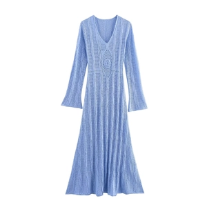 Elegant light blue long sleeve V-neck knit maxi dress with hollow patterns and 3D flower