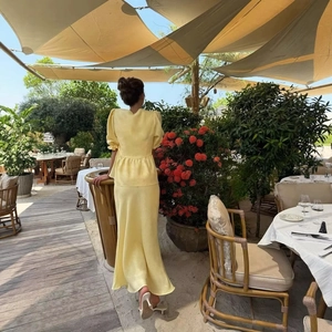 French style pale yellow summer two-piece set with puff sleeve top and fishtail skirt