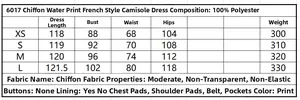 Guide détaillé des tailles pour robe en mousseline fleurie avec mesures du XS au L et tissu