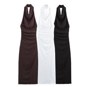 Elegant Halter Cowl Neck Maxi Dress For Women Backless Ruched Satin Bodycon Sleeveless Evening Party Long Dress