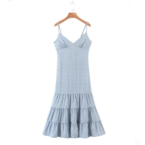 Robe Cami Femme Style Français Bleu Ciel Floral Col en V Jupe à Étages Dos Nu Ajouré Nœud Midi Robe d'Été Vacances