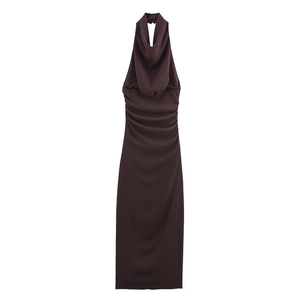 Elegant deep chocolate brown cowl neck halter dress with ruched sides and long fit