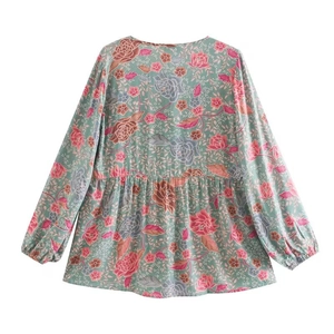 Bohemian floral long sleeve blouse in mint green with vintage print and pleated hem